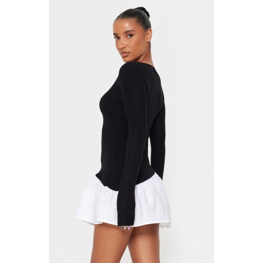 NWT PrettyLittleThing Navy Brushed Rib Asymmetric Ruffle Mini Dress Skater Style - Picture 6 of 16